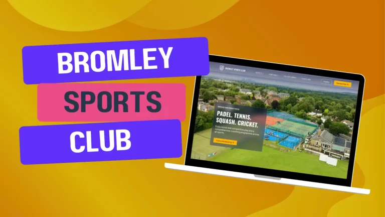 A laptop displays the Bromley Sports Club website with fields and courts for various sports. Text on the image reads "Bromley Sports Club" against a yellow and orange background.