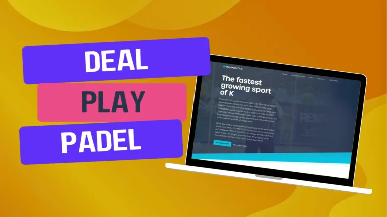 A laptop displays a website about padel, a rapidly growing sport. Overlay text on the image reads, "DEAL PLAY PADEL" in bold letters on colorful backgrounds.