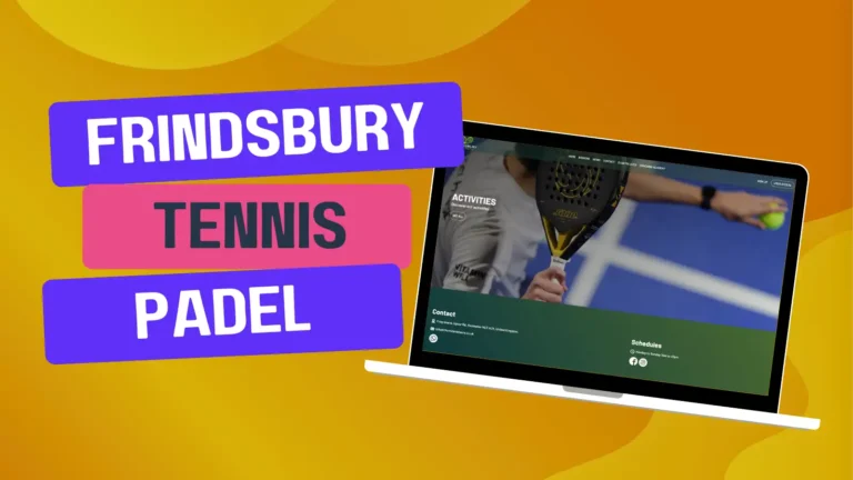 A laptop displaying a website with a tennis player image. Text: "Frindsbury Tennis Padel" appears on the left side against a colorful background.