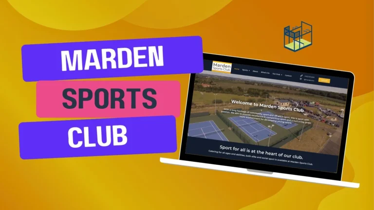 A laptop displaying the Marden Sports Club website is set against an orange background. Text on the background reads "Marden Sports Club.