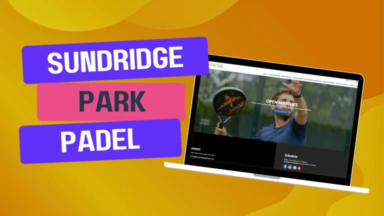 A laptop displaying a padel match is shown against a yellow and orange background with "Sundridge Park Padel" written in blue, pink, and purple text boxes.