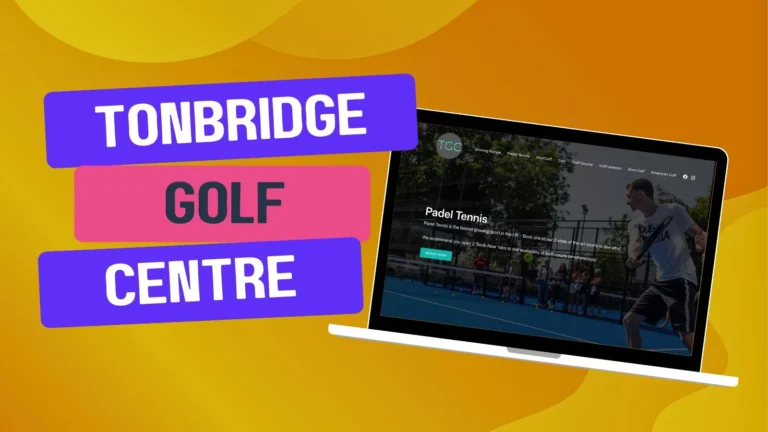 A colorful graphic with a laptop displaying a Padel Tennis website. The text reads "Tonbridge Golf Centre." The background is yellow with purple and pink highlighted segments.