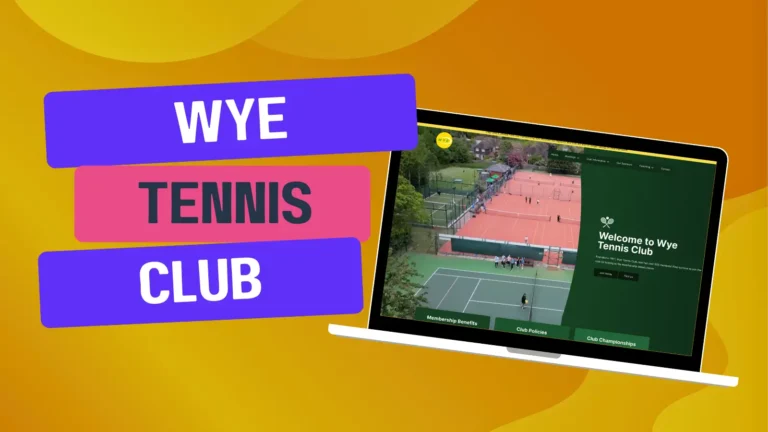 Image of a laptop displaying the Wye Tennis Club website. The background shows tennis courts filled with players. The text 'Wye Tennis Club' is prominently featured above the laptop.